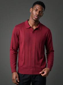 Camvyn Men's Sweater, Autumn/Winter 12-Gauge Dark Pattern Slim Fit Regular Shoulder Airplane Collar Long Sleeve Sweater, Casual Versatile - Burgundy - View 2