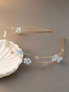 1pc Double Layer Alloy Thin Hair Tie With Faux Pearl Flower Decoration, Sweet Hair Accessory, Girls Headpiece - Multicolor - View 7