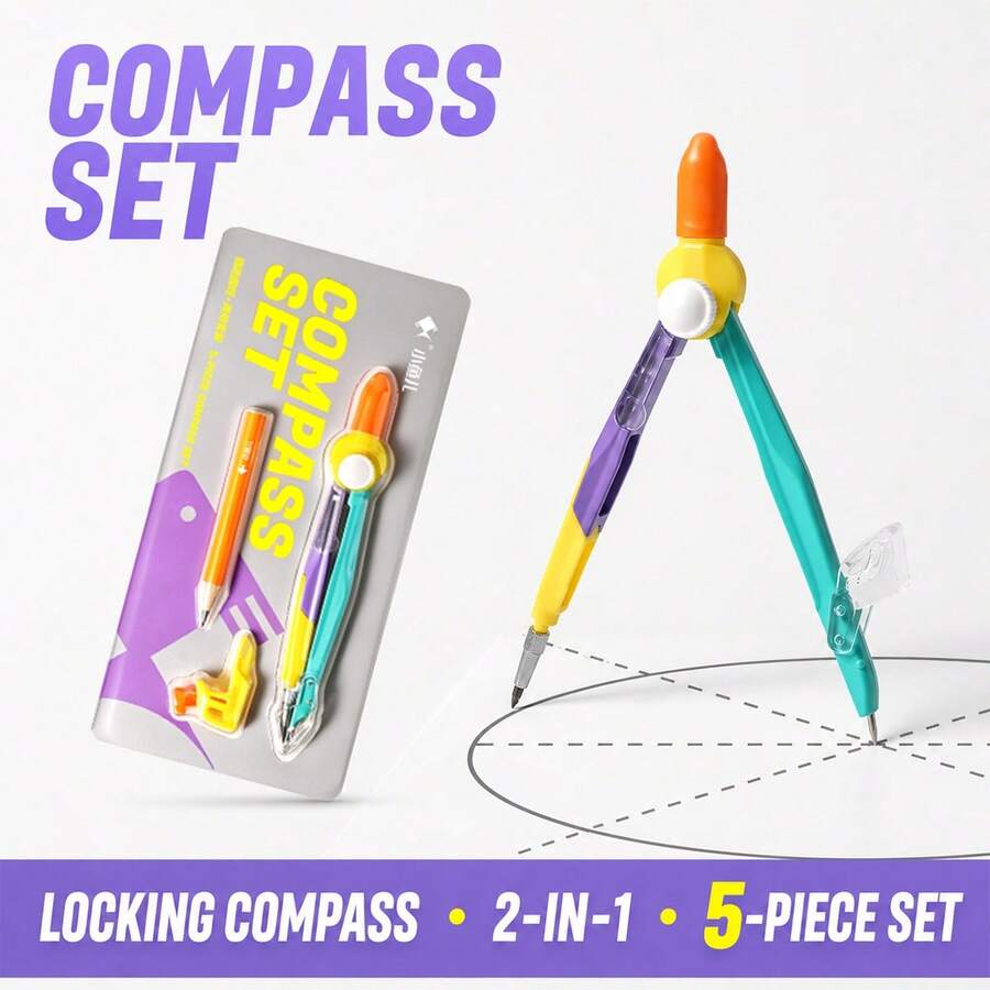 Set Jangka Geometris dengan Pengunci, Jangka Gambar 2-in-1 dengan Tempat Pensil dan Tutup Ujung Pengaman, Alat Matematika untuk Siswa, Cocok untuk Sekolah, Kelas, Proyek Geometri, Menggambar Lingkaran, Perlengkapan Sekolah. - Set - View 1