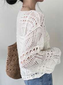 Hollow Out V-Neck Drawstring Cropped Long Knit Cover Up For Women, Random Patchwork White - White - View 3