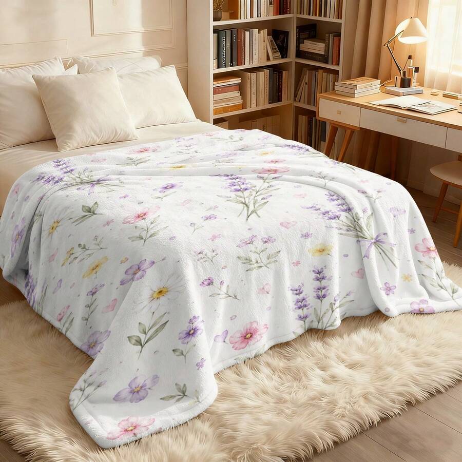 1pc Soft & Comfortable Modern Flannel Blanket - Flannel Throw Blanket With Floral Design - Digital Print Craft, Suitable For Sofa, Bed, Travel, Office Home Decor