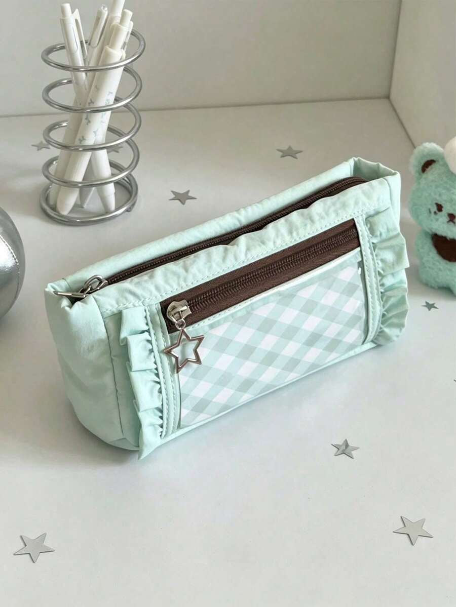 Cute Plaid Ruffled Pencil Case, Star Pendant Double Zipper Stationery Storage Bag, Large Capacity Transparent Window Pencil Pouch, Suitable For Back To School, Holidays, Travel, Soft Fabric Portable Makeup Organizer, Student Gift, Back To School Supplies - A - View 1