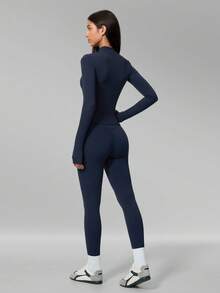 MFVIM Women's Seamless Triangle Cup Wireless Bra + Leggings + Jacket 3-Piece Fitness Set - dark blue - View 7