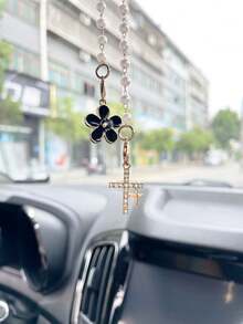 1pc/3pcs, Charming Double Cross Flower Pearl Chain Mirror Decor, Cute Pink Five-Petal Flower Car Rearview Mirror Hanging Ornament, Car Interior Accessory, Women's Car Essential, Ladies Room Decor, Bag Charm, Fun Gift - A - View 5