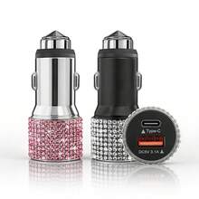 Car Charger, 1pc Shiny Rhinestone Fast Charging USB A/C Type Car Phone Charger, Diamond Adapter, Compatible With 3-In-1 Fast Charging, Retractable Data Cable, Supports Phone, Dash Cam, GPS And More, Handmade, Perfect Holiday/Birthday Gift For Men And Women - A - View 9