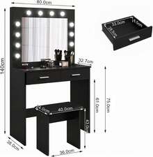 Jooli H Dressing Table Set With LED Lights Mirror, Vanity Makeup Table 2 Large Drawers And Stool, Black - Black - View 7