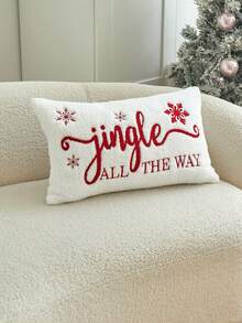 LCUHPCL 1pc Christmas Jingle All The Way And Snowflake 3D Embroidered Plush Pillowcase, Home Decor For Sofa, Bedroom, Living Room, Daily Use, Party And More - Red - View 6