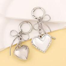 Y2K Minimalist Bow Heart‑Shaped Bag Charm Keychain Silver Metal Car Key Ring Backpack Accessory Women's Valentine's Day/Christmas Gift - Multicolor - View 2