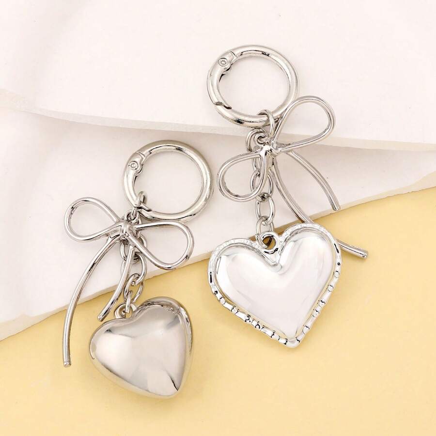 Y2K Minimalist Bow Heart‑Shaped Bag Charm Keychain Silver Metal Car Key Ring Backpack Accessory Women's Valentine's Day/Christmas Gift