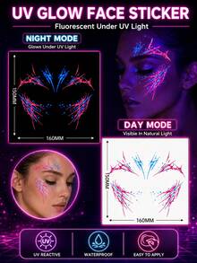 Halloween UV Fluorescent Face Temporary Tattoos, Neon Pink & Blue Glow Under Blacklight, Waterproof Long Lasting Face Stickers For Halloween Party, Rave, Festival, Club, Cosplay Makeup, Easy To Apply & Remove - Multicolor - View 3