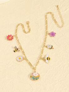Bee & Flower Pendant Necklace, Colorful Multi-Flower Layered Sweet Neck Chain, Versatile Commute Collarbone Necklace - one-size - View 3