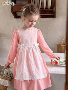 Vihyde Young Girls Hollow Embroidery Apron Lace Trim Bow Round Neck Long Sleeve 2 In 1 Dress - Baby Pink - View 2