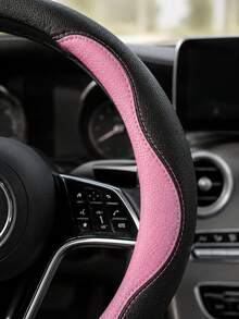 1PC Black Pink PU Leather Steering Wheel Cover, Cute Feminine Car Interior Accessories, Stylish Color Block Round Auto Decor With Soft Textured Grip, Premium Stitched Universal Fit Steering Wheel Protector For Women Daily Commute Road Trip - A - View 5