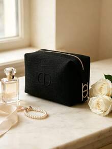 Black Textured Linen Embossed CD Logo Makeup Bag, Gold Zipper Large Cosmetic Storage Pouch, Portable Travel Beauty Organizer Elegant Gift For Women DIOR-GIFT-137 - Black - View 9
