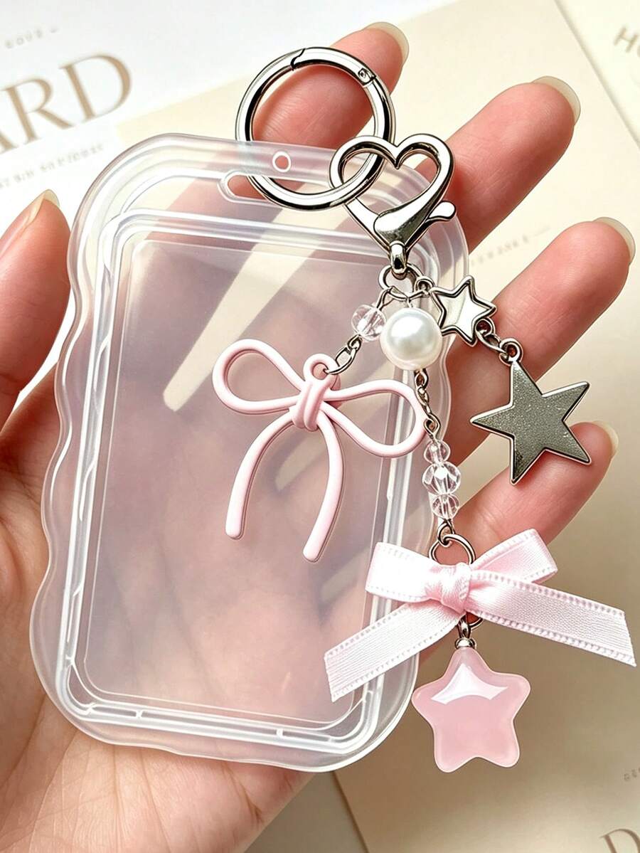 Wavy Ruffled Transparent Acrylic Photocard Holder, Shiny Rhinestone Lanyard, Y2K Style, Ins Sweet Pendant Exquisite Bow Heart Resin Pink Star Bag Charm, Photocard Accessories, ID Badge Neck Strap, DIY Card Storage Case, Fits Idol Photos, Custom Printed Cards, School ID, Access Cards, ID Cards, Work Pass And Subway Cards, Student, Fan Gift, Keychain, Backpack Charm, Back To School Essential (Cardstock Not Included) - Multicolor - View 1