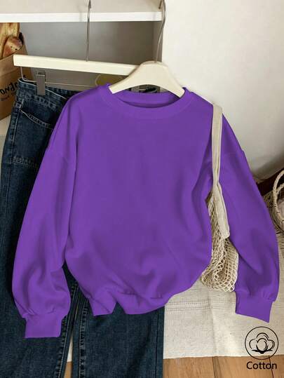 Jesienna cienka bluza oversize z okrągłym dekoltem, jednolity kolor, wakacyjna, podróżna, Y2K, casualowa, sportowa, elegancka