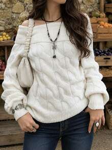 Pullover Wanita Putih Minimalis Modis Model Off-Shoulder Lengan Panjang Bergaris, Sweater Kasual Harian untuk Perjalanan, Liburan, Pesta, Kencan, Musim Gugur Musim Dingin - Putih - View 3