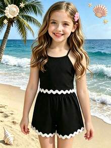 Girls' Two Pieces Summer Outfit Set, Camisole With White Wavy Hem, Elastic Waist Wavy Hem Shorts, Young Girl' Beach Vacation Set - Black - View 1