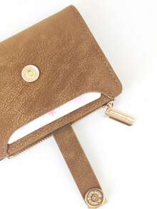 Women's Short Colorblock Patchwork Wallet, Fashionable Fabric Texture PU Multifunctional Card Holder, Exquisite Fashion Clasp Large Capacity Zipper Coin Purse For Young Students, Lightweight And Convenient To Carry, Suitable As Holiday Gift - Camel - View 6