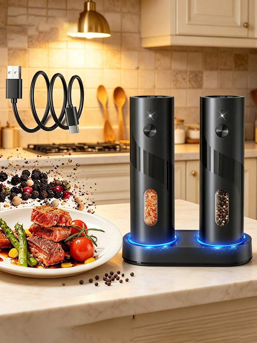Rechargeable Automatic Electric Salt And Pepper Grinder, One-Hand Operation LED Light Spice Mill, Electronic Spice Shaker, 3 Options Available: 1pc Grinder / 2pcs Grinder Set / 2pcs Grinder With Charging Base, Suitable For Kitchen, Dining And BBQ