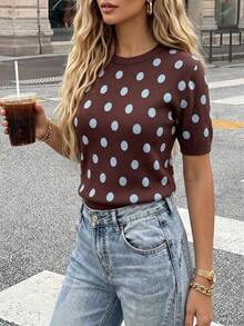 Polka Dot Pattern Short Sleeve Knit Top - Brown - View 2