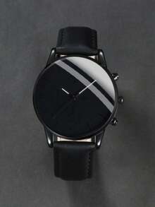 2pcs Minimalist Men's Quartz Watch And Her King Engraved Chain Bracelet Set, Pure Black Dial Leather Strap Watch, Men's Daily Decorative Jewelry - Multicolor - View 9
