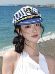Blue Stripe Navy Cap, Summer Seaside Vacation Style, Large Brimmed Hat For Women, Sun Protection, Sunshade, Sailor's Cap. - Multicolor - View 7