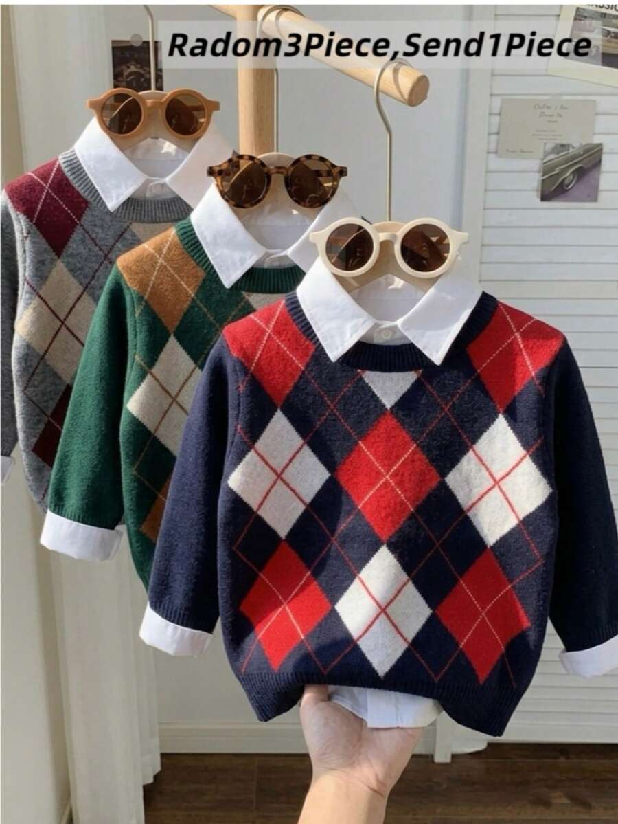 Boys' Knit Colorblock Plaid Pattern Jacquard Crew Neck Sweater Long Sleeve Pullover Autumn Winter 3 Randomly Sent 1 - Red - View 1