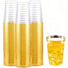 20pcs Birthday Cups Transparent And Crystal Gold Cups - 7oz (Approx 200ml) Crystal Clear Cups Suitable For Juice And Cold Drinks, Wedding And Party Cups - Gold - View 1