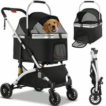 3-In-1 Foldable Dog Buggy Up To 20kg | Foldable Cat Stroller, Pet Buggy With 4 360° Rubber Wheels, With Storage Basket And Cup Holder - Silver Black - View 1