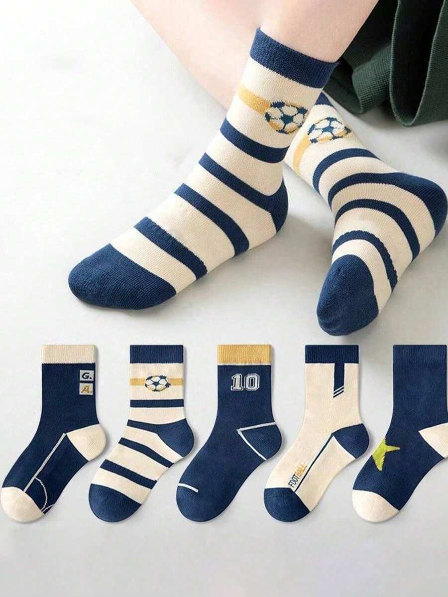 5prs Kids Cartoon Sports Mid-Calf Socks, Minimalist Soccer Design, Autumn/Winter - Multicolor - View 1