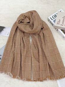 1pc Universal Multi-Color Plaid New Style Versatile Casual Scarf Suitable For Autumn/Winter Use - Houndstooth Khaki - View 3