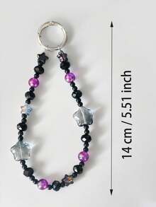 1pc Y2K Star & Flower Beaded Keychain Wrist Lanyard, Iridescent Purple Black Crystal Bead Key Ring, Portable Wrist Strap For Keys Phone Bag Purse, Gift For Teen Girls Daily Matching - Black Star - View 5
