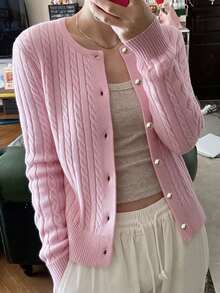 SEREN New Autumn Round Neck Women's Knit Cardigan, Slim Fit, Casual, Twisted Ribbed, Pink Top, Winter Sweater Jacket, Valentine's Day - Baby Pink - View 6
