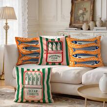 4pcs/1pc Vintage Sardine Pattern Pillow Case Without Insert, Single-Sided Printed Pillow Case, Suitable For Living Room Bedroom Home Decor, All-Season Pillow Case - Multicolor - View 3