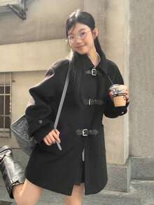 Women's Black Polo Collar Overcoat, Autumn/Winter Elegant Outerwear - Black - View 7