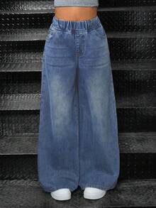 Girls Casual Straight Leg Denim Jeans With Pockets, Everyday Wear - Blue - View 5