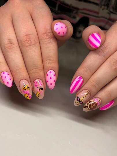 A Set Of 24 Hand-Painted Pink Giraffe-Print Press On Nails Featuring Bright Pink Leopard-Print Polka-Dot Bows In A Y2K-Inspired Sweet Girl Style With An Almond Fake Nails Shape-Perfect For Daily Commutes, Birthday Parties, And Vacations.