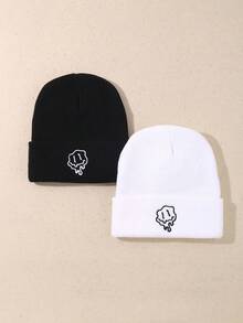 2 Peças Conjunto de Gorro Bordado Minimalista para Mulheres e Homens, Gorro de Malha com Gráfico de Desenho Animado Fofo, Gorro Quente Casual de Streetwear, Presente Combinado para Casais - Multicolorido - Visão 2