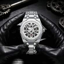 1PC Mechanical-Style Men's Watch, Skeleton Dial, Octagonal Case, With Date Display, Perfect For Everyday Wear Or As A Gift - one-size - View 10