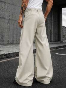 Men's Casual Loose Wide Leg Pants, Geometric Patchwork And Button Detail Straight Leg Long Pants, Streetwear Style For Daily Wear And Outings - Beige - View 2
