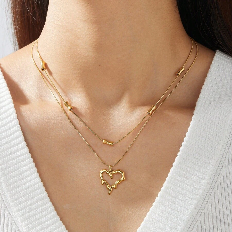 1 PC Two-Layer Hollow Melting Heart Stainless Steel Necklace 18K Gold Plated Anti-Fade Snake Chain Clavicle Accessories Jewelry Gift For Women - Bracelet - View 1