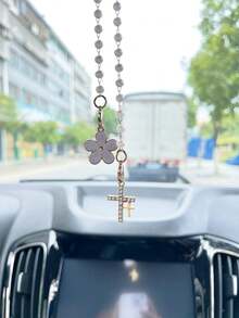1pc/3pcs, Charming Double Cross Flower Pearl Chain Mirror Decor, Cute Pink Five-Petal Flower Car Rearview Mirror Hanging Ornament, Car Interior Accessory, Women's Car Essential, Ladies Room Decor, Bag Charm, Fun Gift - A - View 2