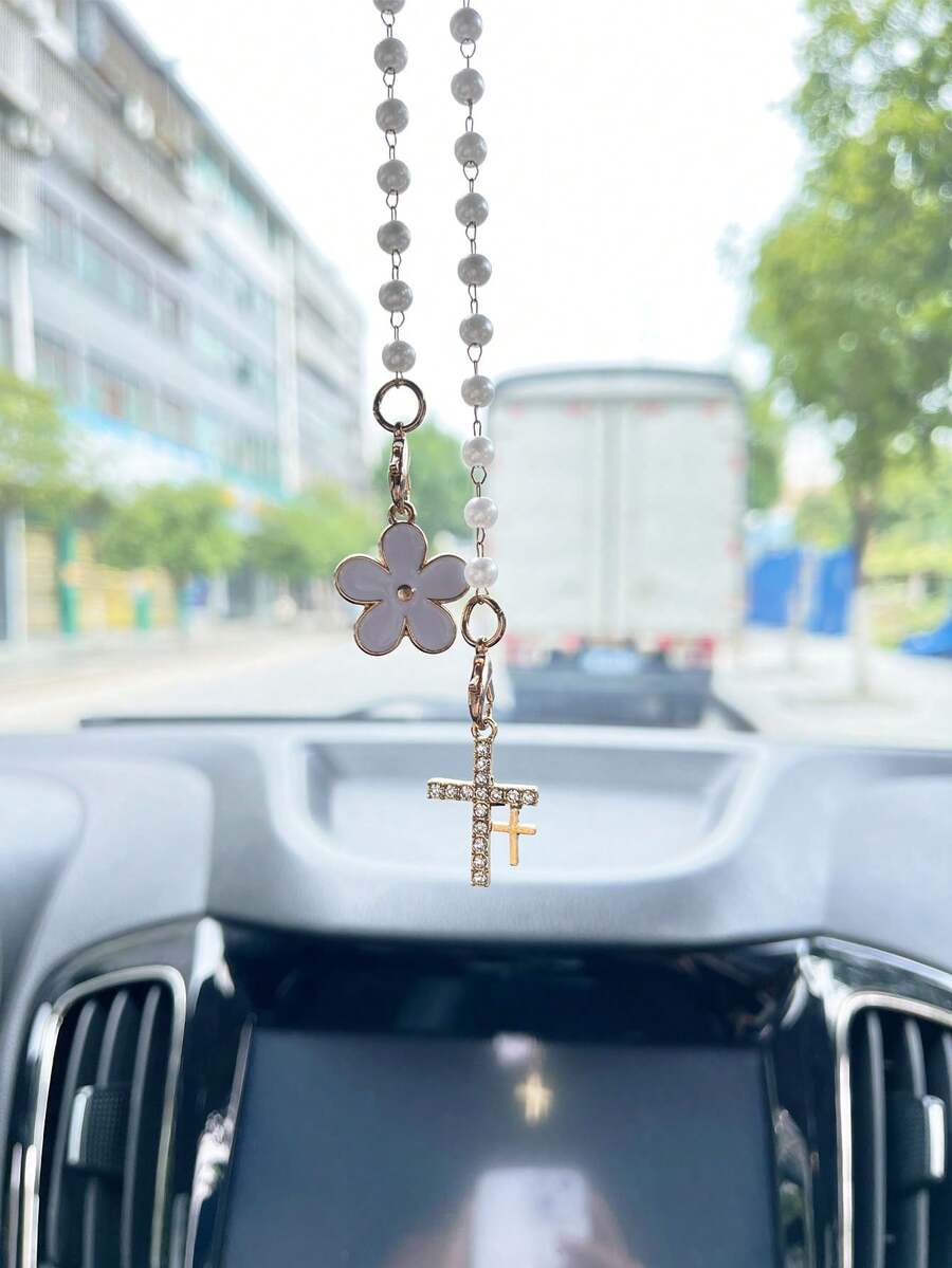 1件/3件裝 迷人雙十字花珍珠鏈鏡飾,可愛粉色五瓣花汽車後視鏡掛飾,汽車內飾配件,女性開車必備,女士房飾,包包吊飾,趣味禮物 - A - 查看 1