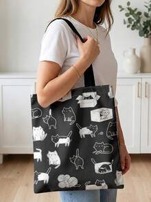 1pc Cartoon Cat Print Black Canvas Tote Bag, Lightweight Durable , Multi-Use Shoulder/Hand Bag For Students, Commuting & Daily Shopping - Black and White - View 6