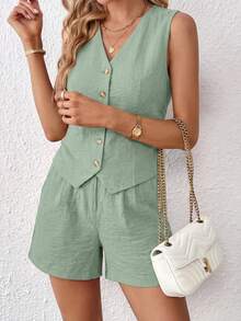 PRETTYGARDEN Women's Summer Clothes Tanktop 2 Piece Sets Outfits Sleeveless Matching  Button Down V Neck Vest Waistcoat And Pockets Going Out Short Sets Vacation - 淺綠色 - 查看 5