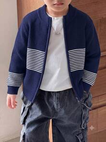 男童立領全開襟長袖針織開襟衫，條紋拼接設計，簡約休閒百搭針織外套，適合秋冬學校日常穿著 - 藏蓝色 - 查看 1