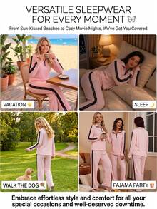 Women's Spring Autumn Winter Pajama Set, Contrast Color Ribbed Knit Fashion Lace Trim Minimalist Half-Zip Lapel Pullover Long Sleeve Casual Pants Comfortable Loungewear 2-Piece Set - Pink - View 10