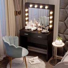 Jooli H Dressing Table Set With LED Lights Mirror, Vanity Makeup Table 2 Large Drawers And Stool, Black - Black - View 8