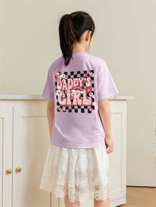 Baby GirlMinimalist Plaid Graffiti & Letter Print Round Neck Short Sleeve Cute Top - Mauve Purple - View 3